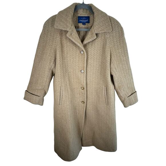 Mackintosh Vintage Tan Herringbone Button Front Trench Wool Pea Coat Size 6 P - Picture 1 of 7